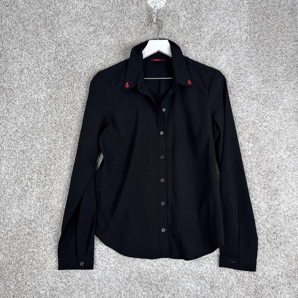 Guess Women's "No Hard Feelings" Embroidered Roses Black Button Up Blouse M